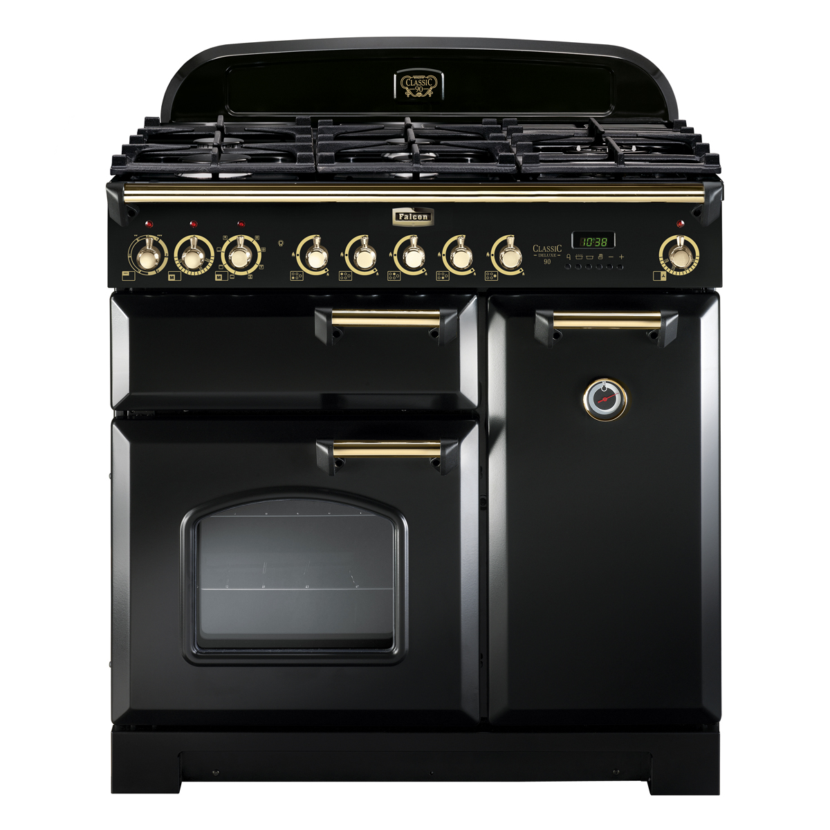 Schwarzer Falcon Classic Deluxe 90 Gasherd mit goldenen Bedienelementen, sieben Kochfeldern und drei Backofentüren