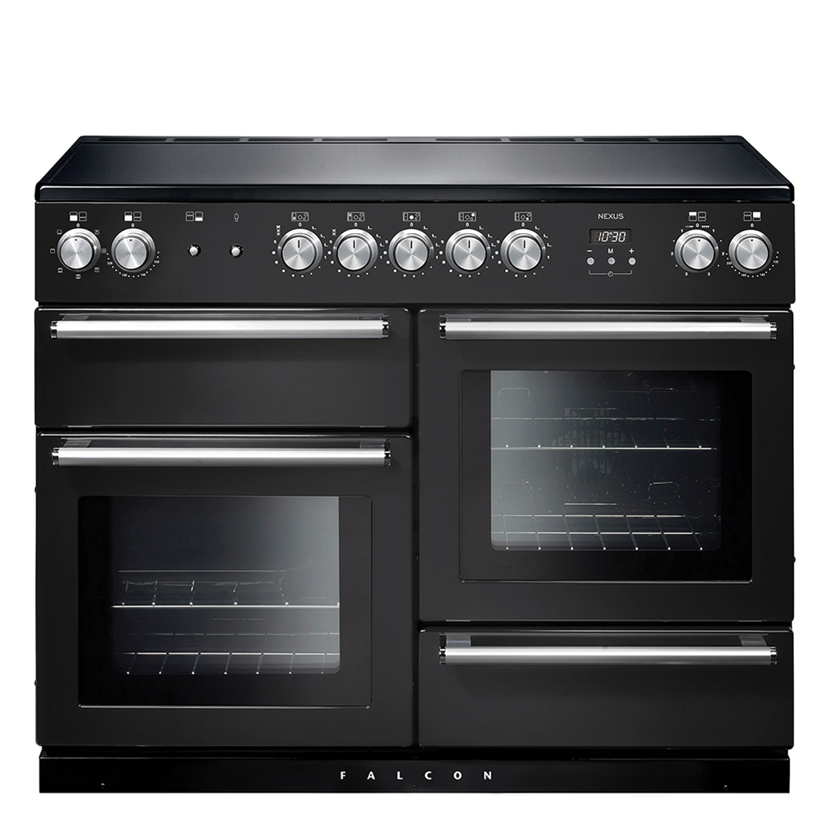 Schwarzer Induktionsherd Falcon Nexus 110 mit vier Backofentüren, Bedienknöpfen und großzügigem Kochfeld