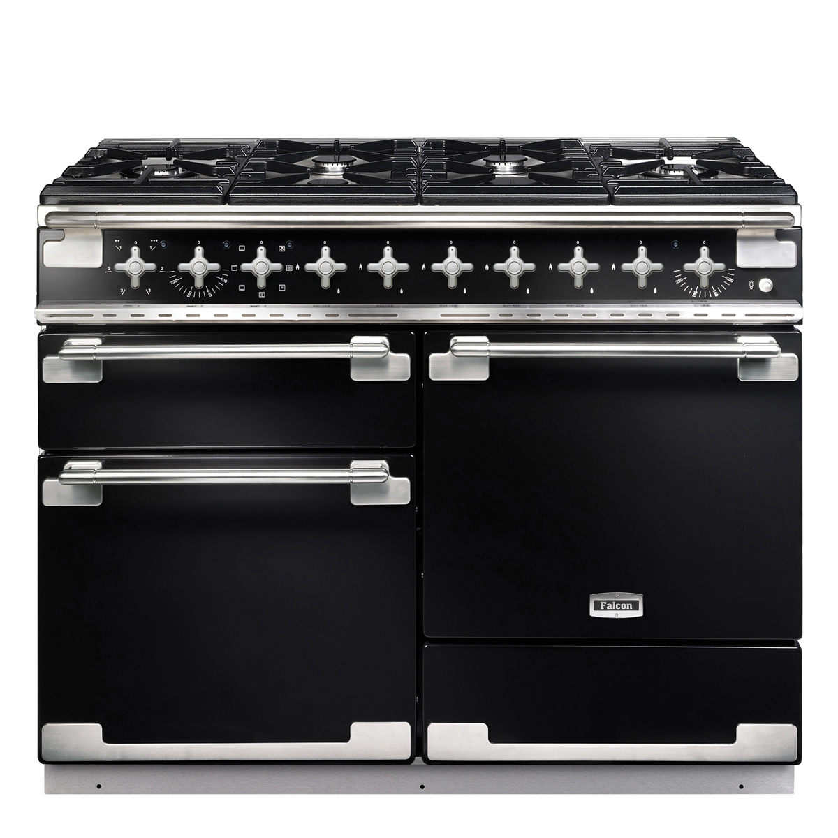 Großer, moderner Falcon Gasherd in Schwarz mit Edelstahl-Akzenten, mehreren Backöfen und sechs Kochfeldern