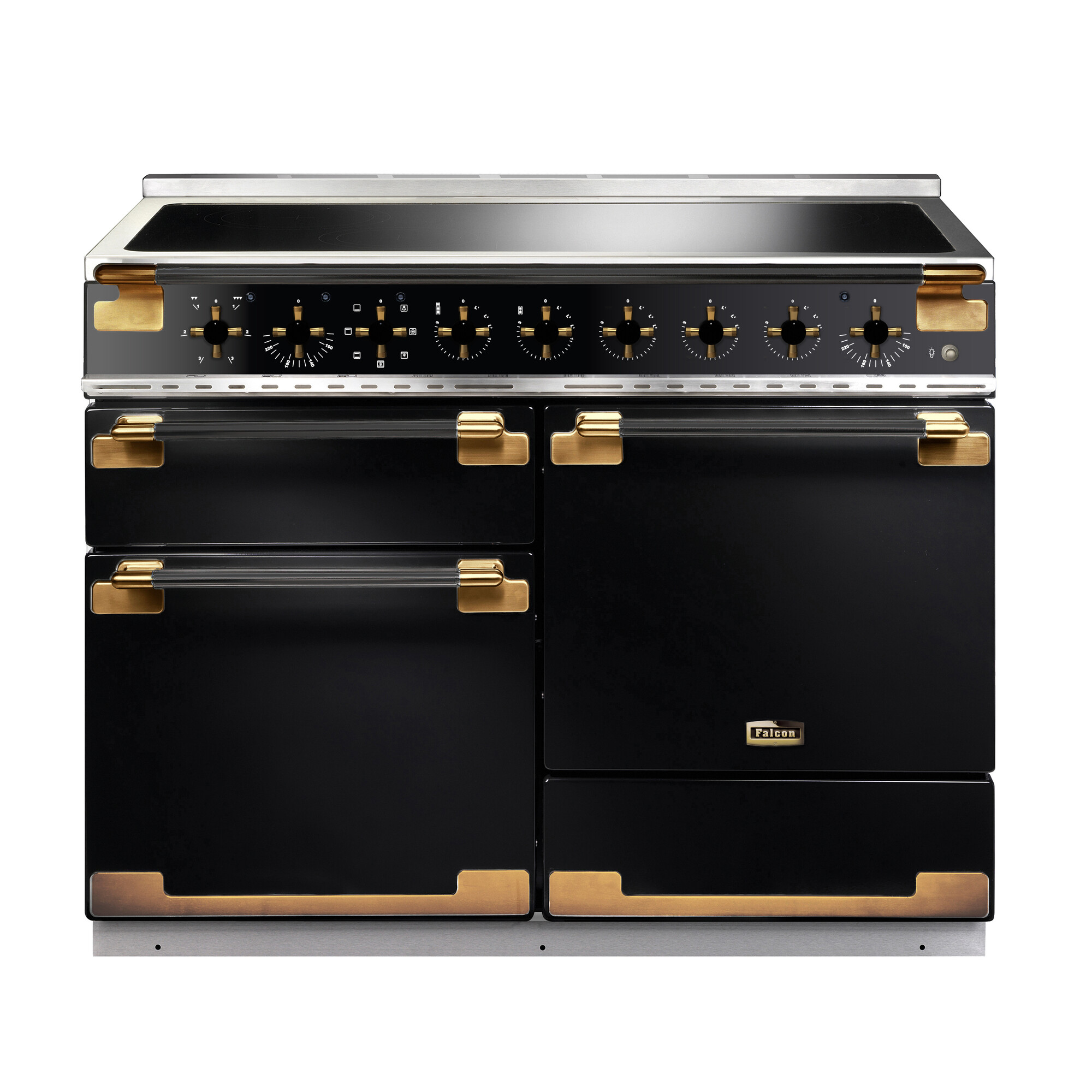 Schwarzer Induktionsherd von Falcon mit goldenen Griffen, modernem Design und mehreren Backöfen und Kochfeldern