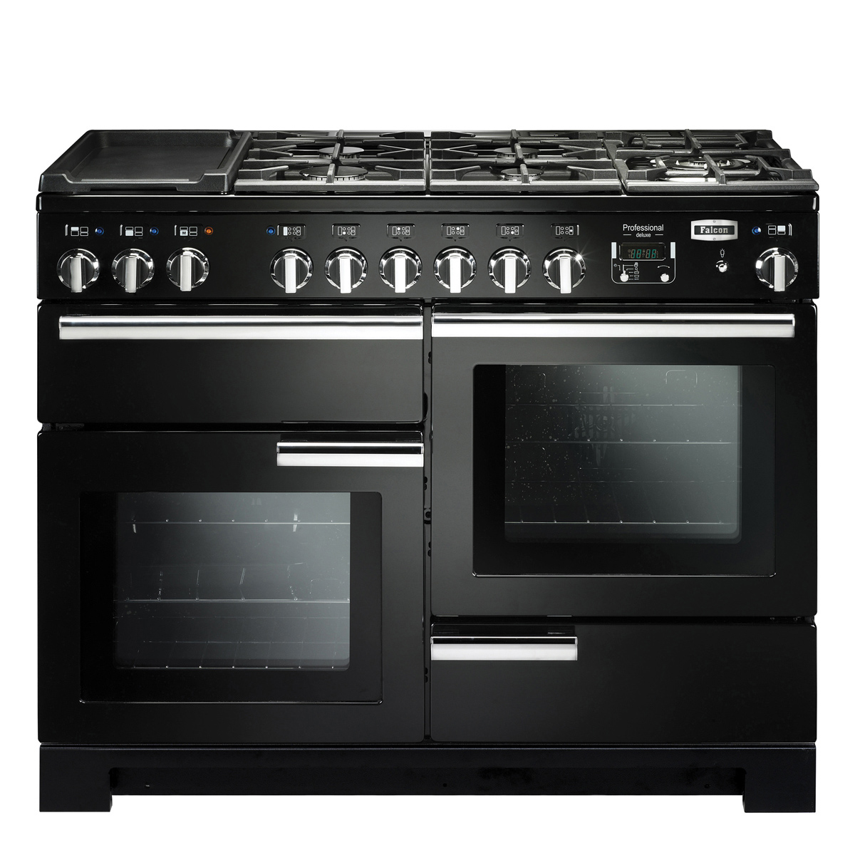 Schwarzer Falcon Professional+ Standherd mit zwei Backöfen, sechs Gaskochfeldern und modernen Bedienelementen – ideal für große Küchen