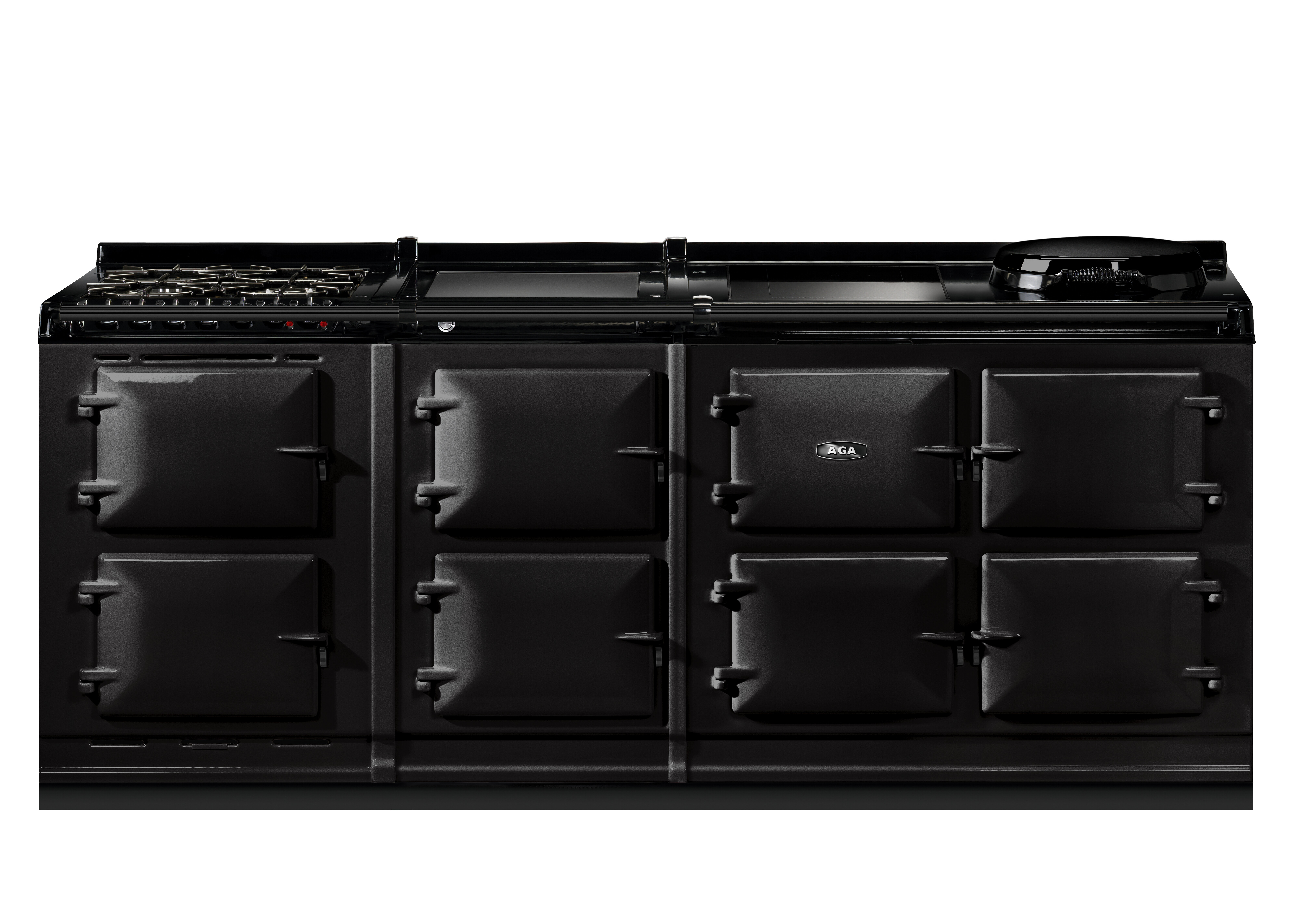 Großer schwarzer AGA-Küchenherd mit sechs Backöfen und mehreren Kochplatten, ideal für hochwertige und vielseitige Küchenanwendungen