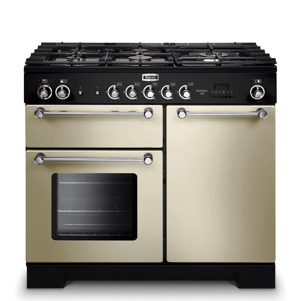 Standherd von Falcon Kitchener 100 in Creme mit Gaskochfeld, zwei Backöfen und Bedienelementen auf der Front