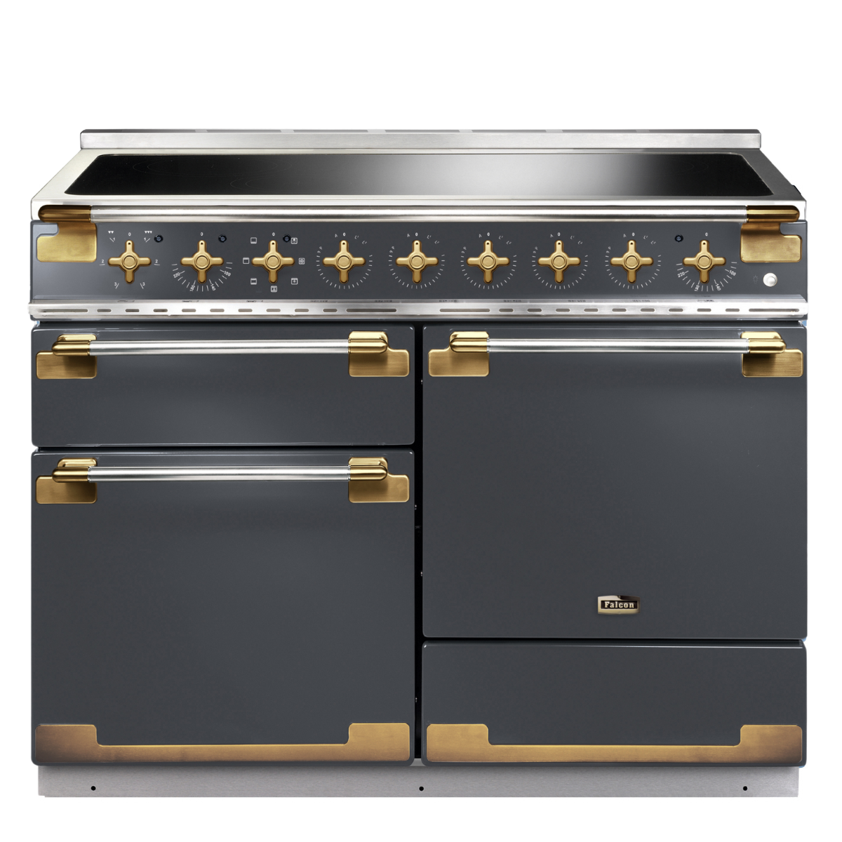 Eleganter Standherd mit Induktionskochfeld, schwarz-goldenem Design und mehreren Öfen, ideal für moderne Küchen