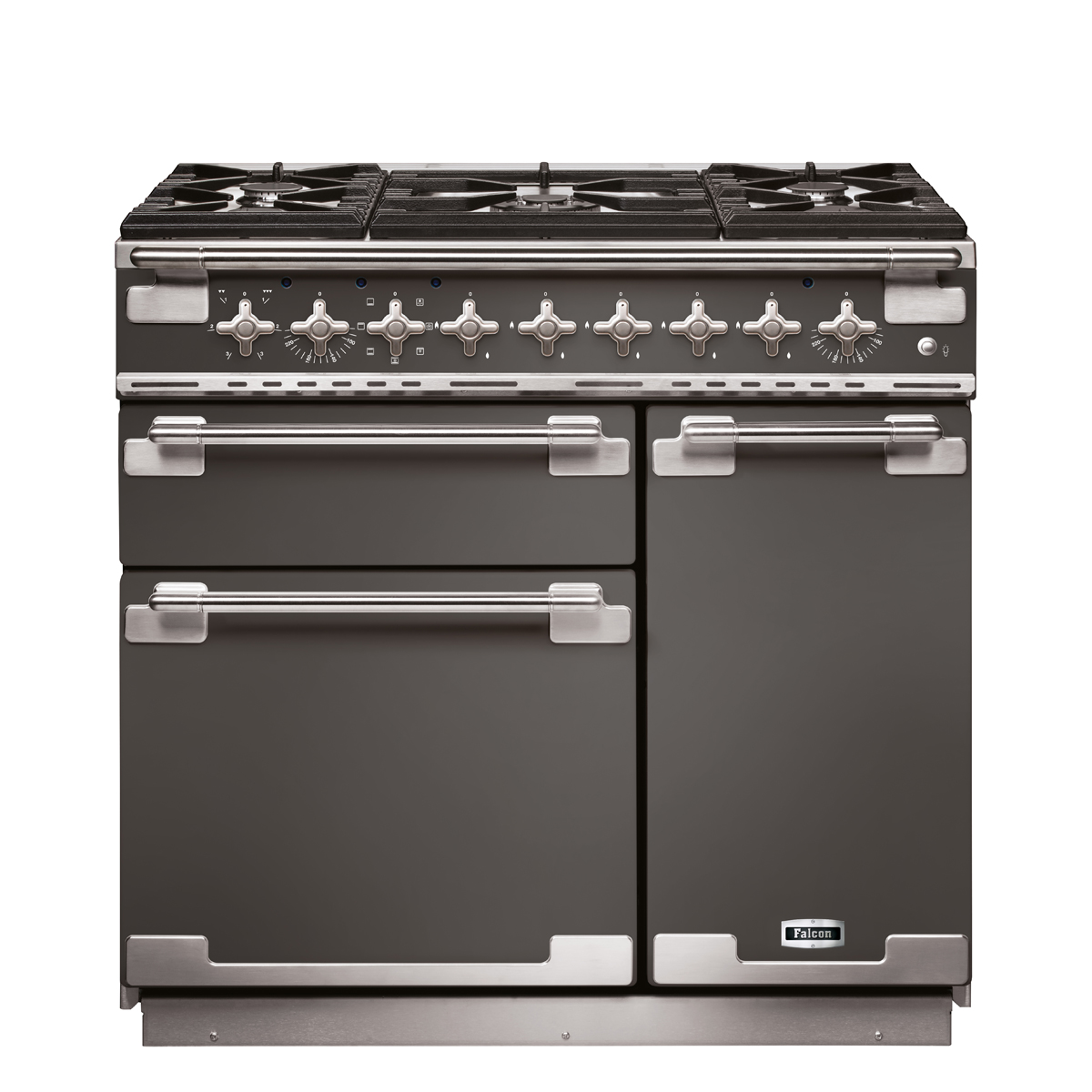 Hochwertiger Falcon Herd in Edelstahl und Anthrazit mit sechs Gas-Kochfeldern und mehreren Backöfen