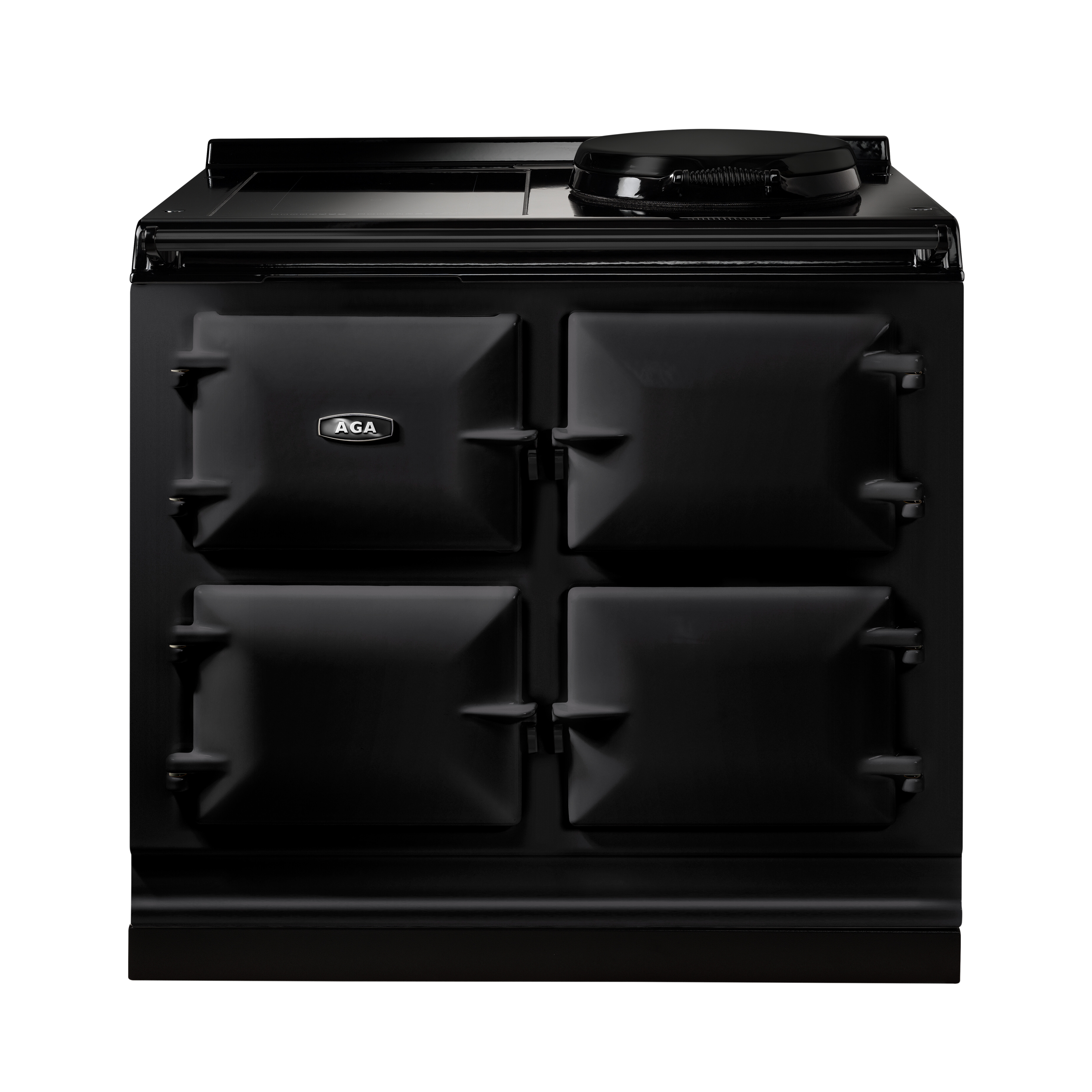 Schwarzer AGA Herd mit vier Türen, Kochplatte und traditionellem Design, geeignet für große Küchen und stilvolles Kochen
