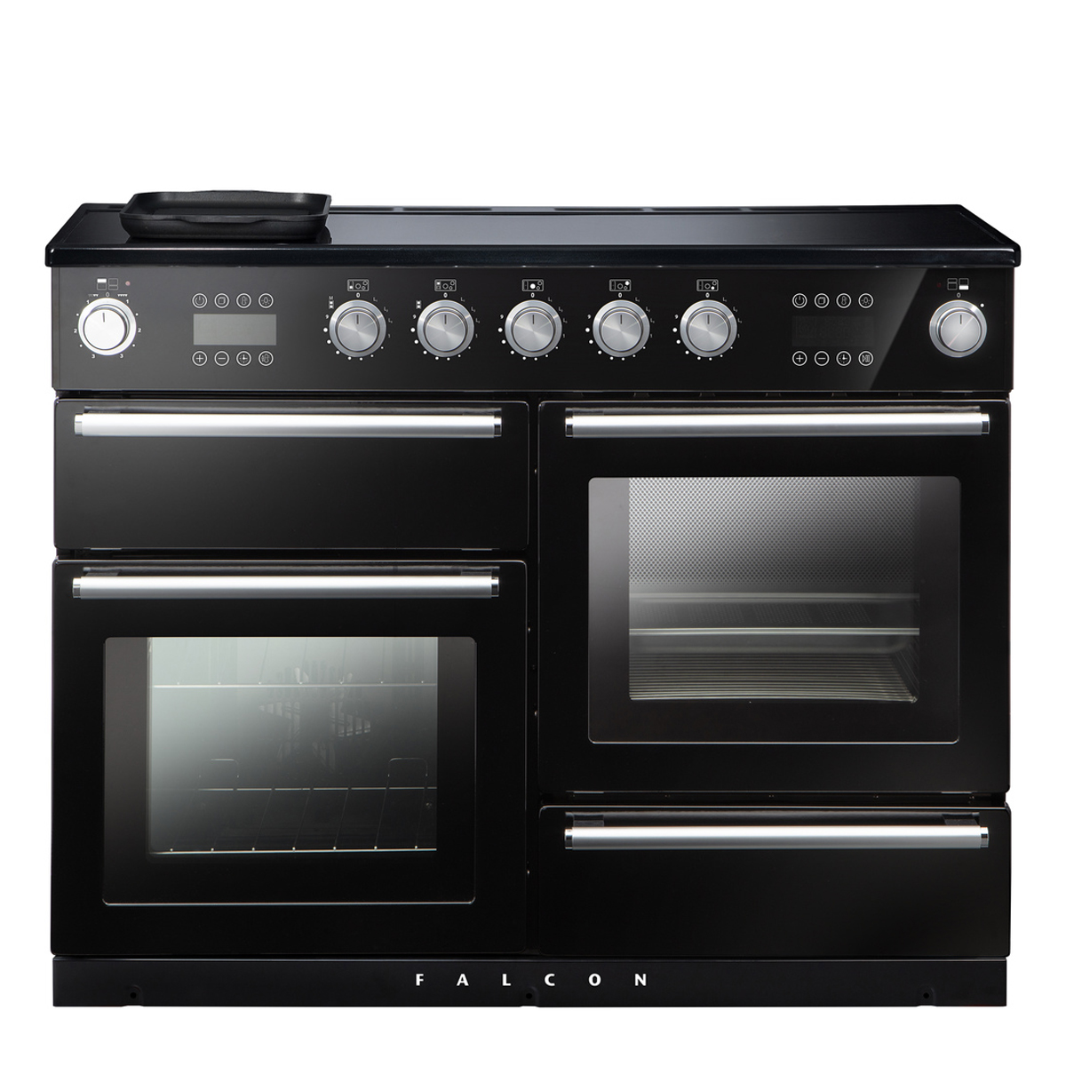 Schwarzer Falcon Range Cooker mit mehreren Backöfen, Drehreglern und Touch-Bedienfeld, modernes Küchengerät