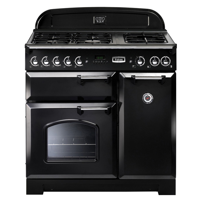 Schwarzer Falcon Classic Deluxe 90 Standherd mit Gas-Kochfeld, mehreren Backöfen und silbernen Bedienknöpfen, freistehend für die Küche