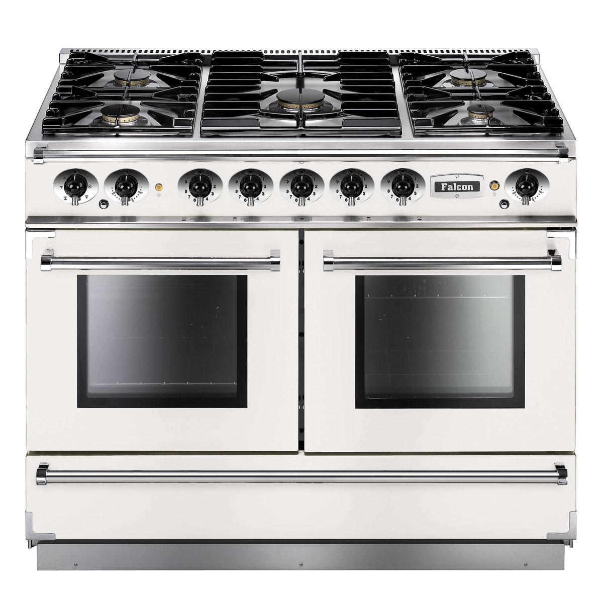 Freistehender Falcon Gasherd mit zwei Backöfen und fünf Kochfeldern, Edelstahl und weißes Design, geeignet für den professionellen Einsatz in der Küche