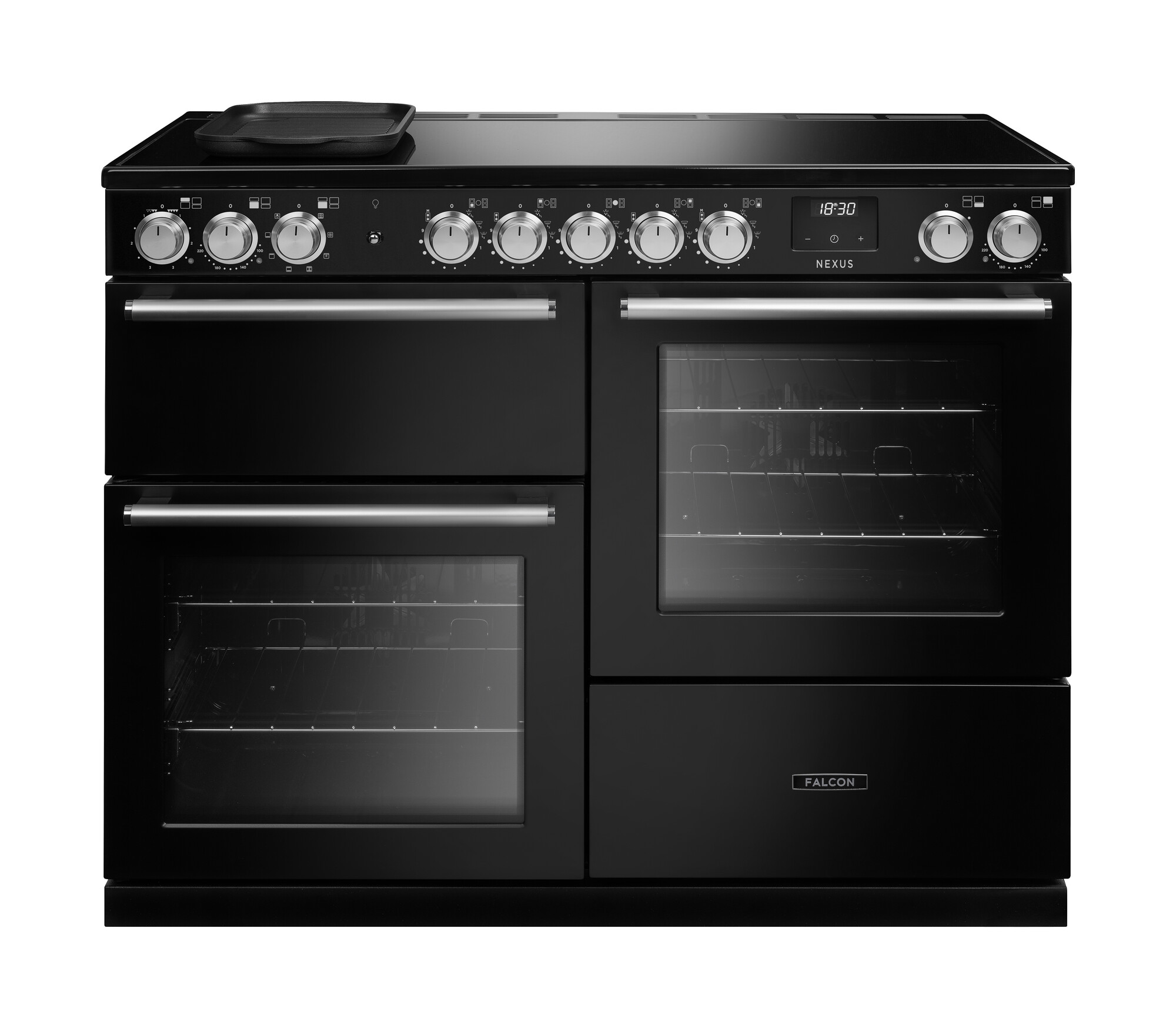 Falcon Nexus Induktions-Range-Cooker in Schwarz mit Mehrzonen-Induktionskochfeld, zwei Backöfen und separatem Grill – leistungsstarker Standherd für die moderne Küche
