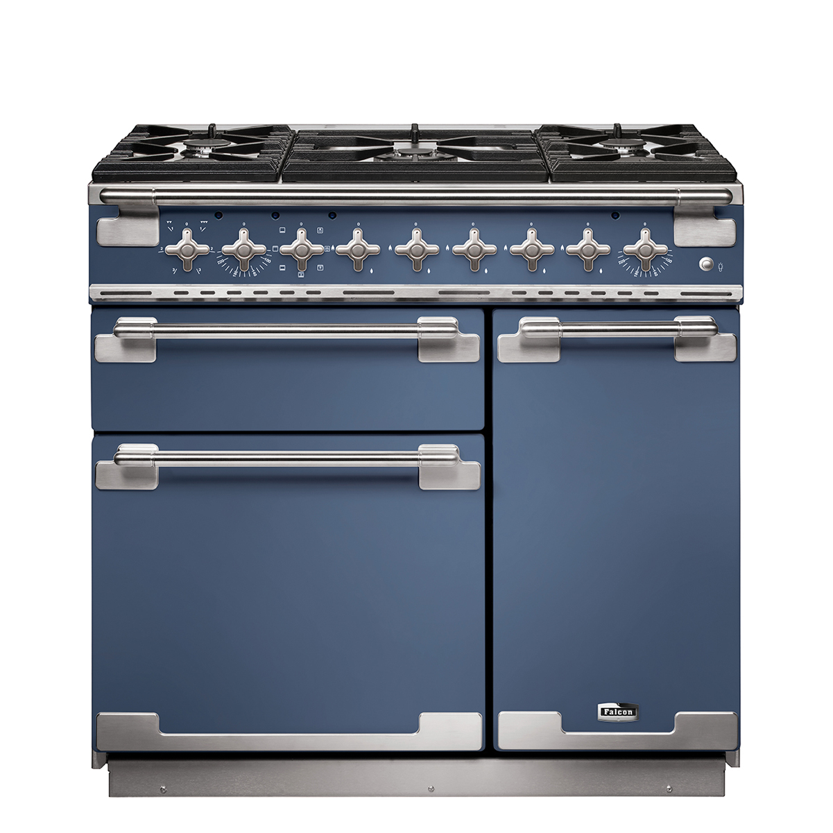 Blauer Falcon Standherd mit mehreren Backofentüren und sechs Gas-Kochfeldern, ideal für große Küchen