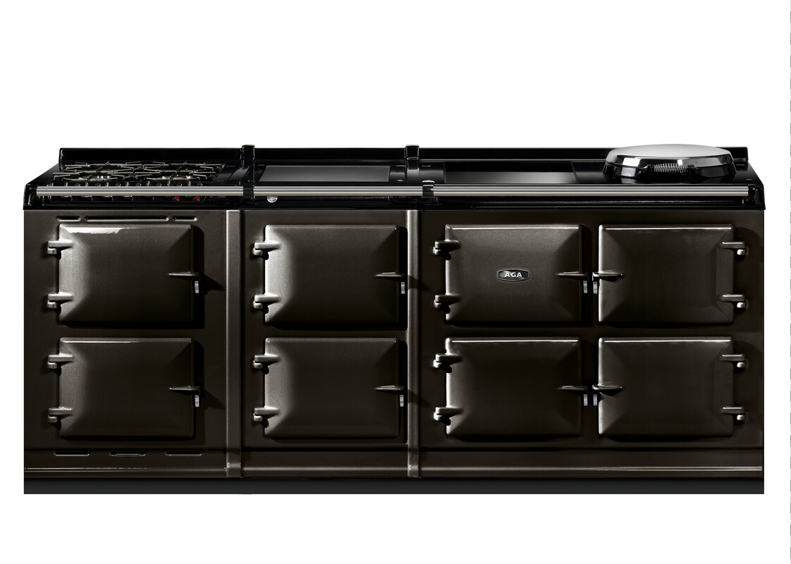 Schwarzer AGA Herd Classic 6 Four mit sechs Backofentüren, Gas-Kochfeld und Warmhalteplatte, ideal für große Küchen
