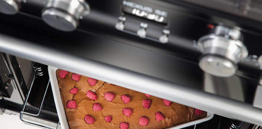 Eine Backform mit Kuchen und frischen Himbeeren steht auf dem Rost in einem modernen Backofen, Ofentür steht offen