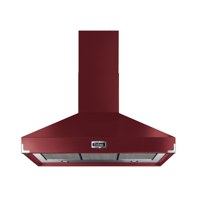 Rote Dunstabzugshaube von Falcon zur Wandmontage, geeignet für moderne Küchen