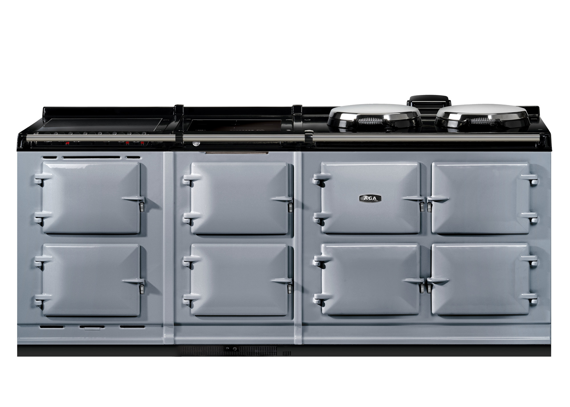 Grauer AGA Standherd mit sechs Backofenfächern und zwei runden Kochplatten, ideal für große Küchen und vielseitiges Kochen