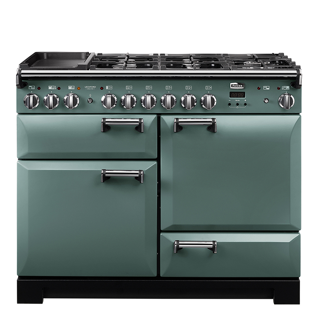 Grüner Falcon Standherd mit Gas-Kochfeld, mehreren Backöfen und Bedienknöpfen, ideal für große Küchen und Hobbyköche