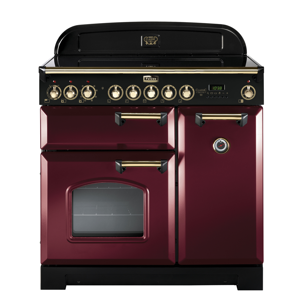 Burgunderroter Falcon Classic 90 Herd mit goldenen Griffen, mehreren Backöfen und Bedienknöpfen