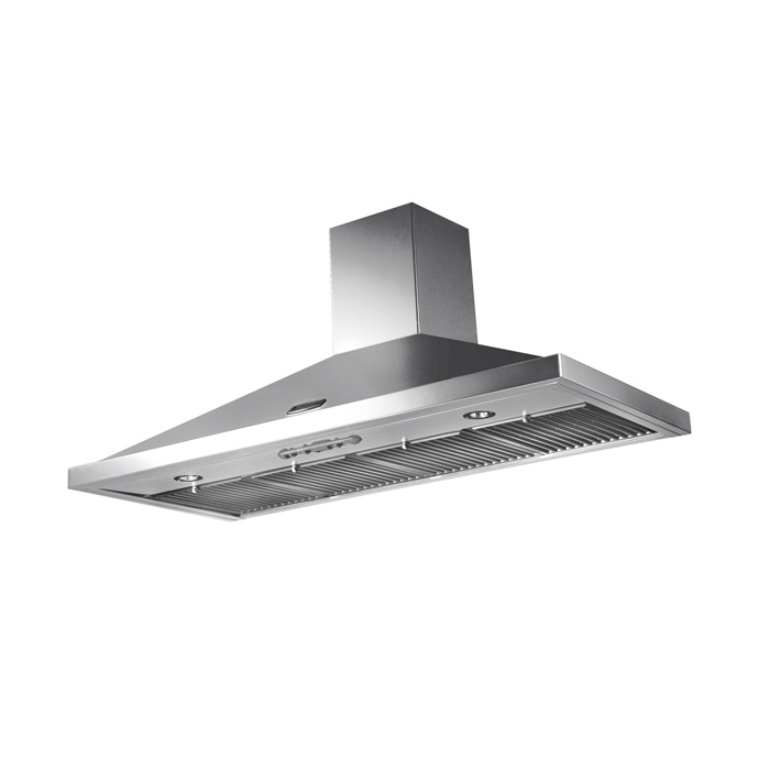 Edelstahl Dunstabzugshaube mit klaren Linien und eingebauten LED-Lampen, geeignet für moderne Küchen