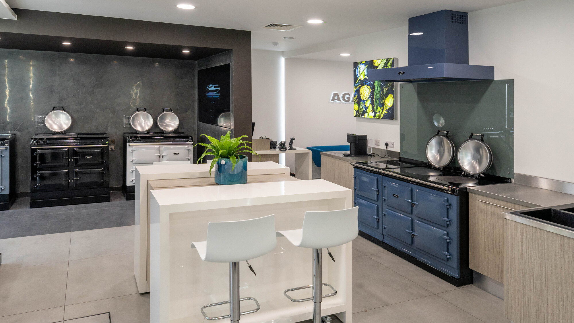 Ausstellungsraum einer modernen Küche mit mehreren klassischen AGA Herden in Schwarz, Weiß und Blau, einer Kochinsel, zwei Barhockern und einer grünen Zimmerpflanze
