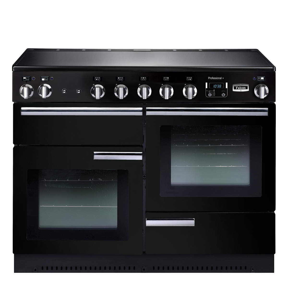 Schwarzer Falcon Professional+ 110 Induktionsherd mit mehreren Drehknöpfen, zwei Backöfen und Glastüren, geeignet für große Küchen