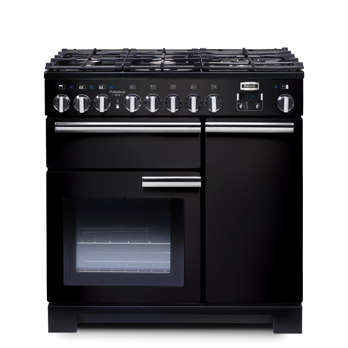 Schwarzer Falcon Professional+ 90 Gasherd mit zwei Backöfen, separatem Grill und fünfflammigem Gaskochfeld, moderne Edelstahlgriffe