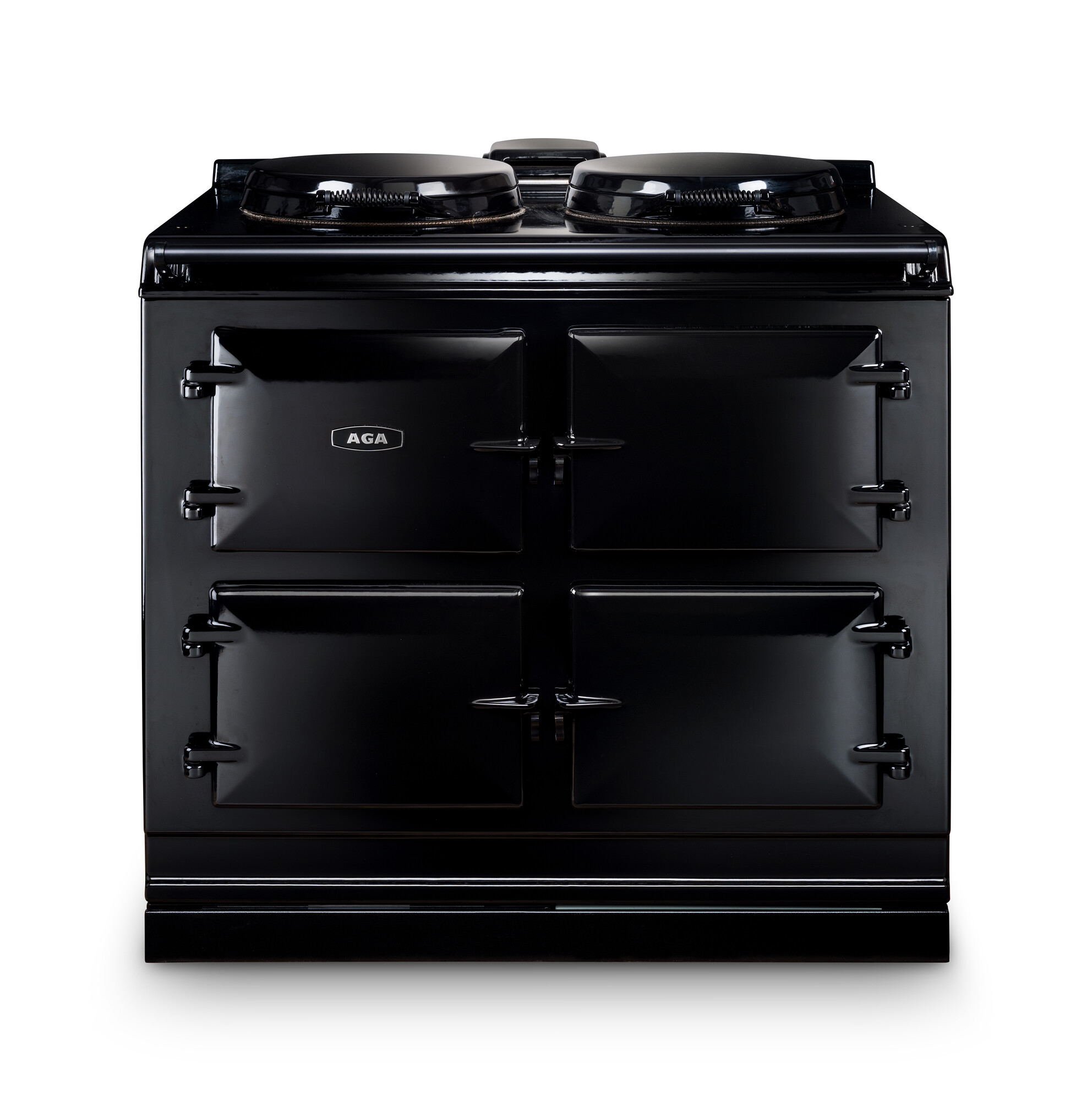 Schwarzer AGA Herd mit vier Türen und zwei Kochfeldern, freistehend, vor weißem Hintergrund