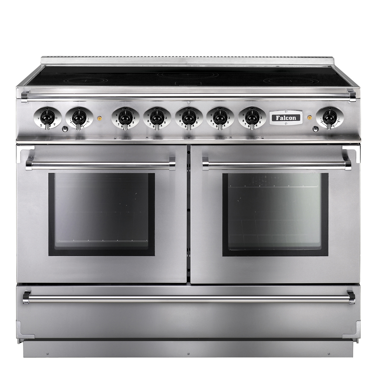 Falcon Edelstahlherd mit acht Drehknöpfen, zwei Sichtfenster-Backöfen und Induktionskochfeld, freistehend