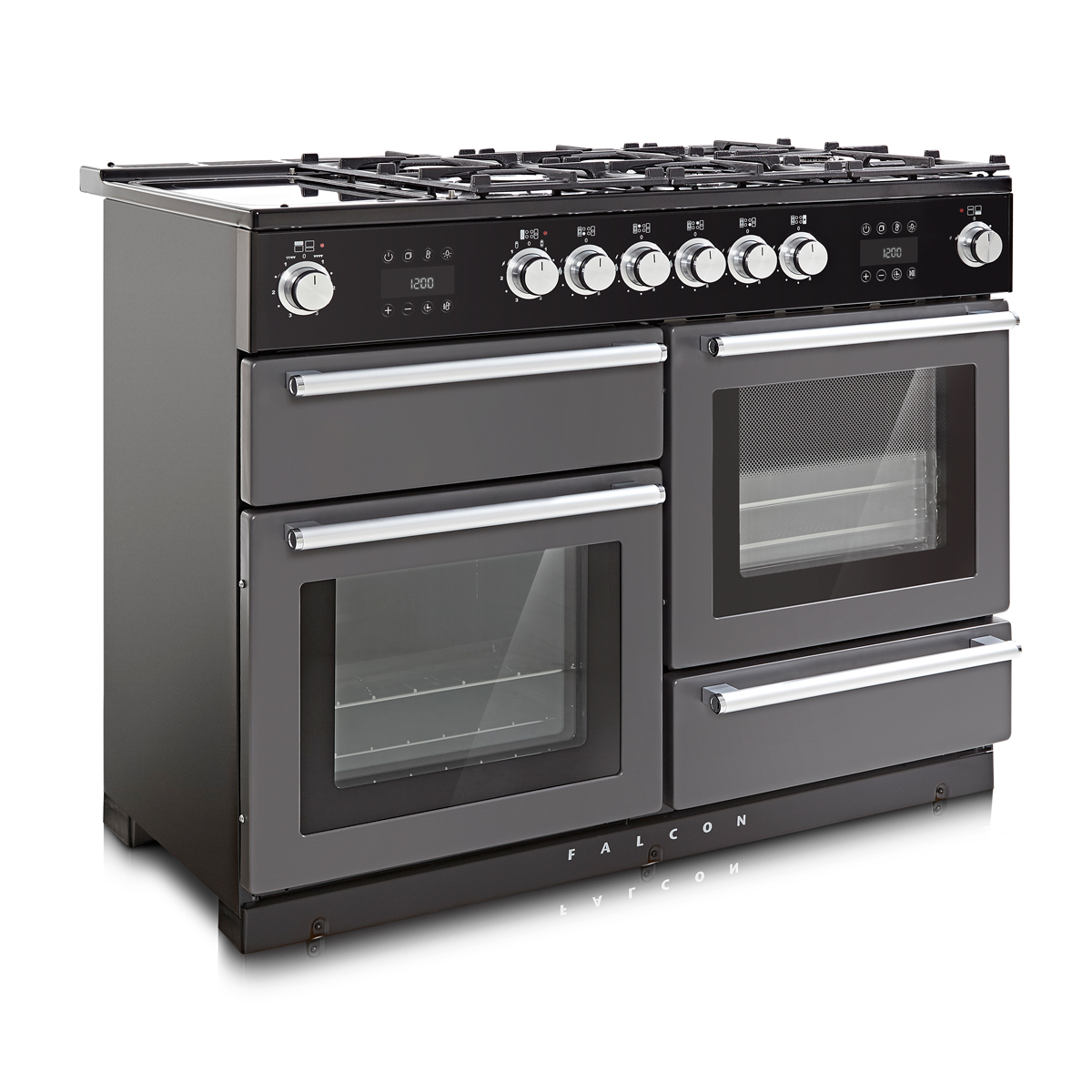 Moderner Falcon Gasherd mit fünf Kochfeldern, großer Backofen-Kapazität und Edelstahlgriffen, freistehend in Schwarz