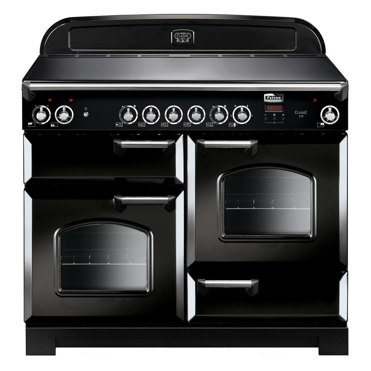 Schwarzer Falcon Classic 110 Range Cooker mit zwei großen Backofenfächern, vier Türen und mehreren Bedienelementen