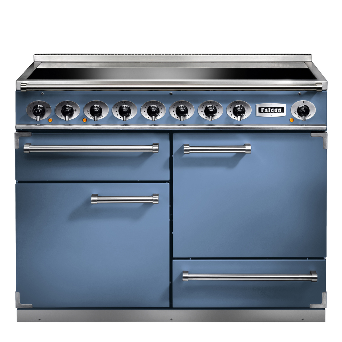 Blauer Standherd von Falcon mit sieben Drehknöpfen, großem Kochfeld und mehreren Backofentüren