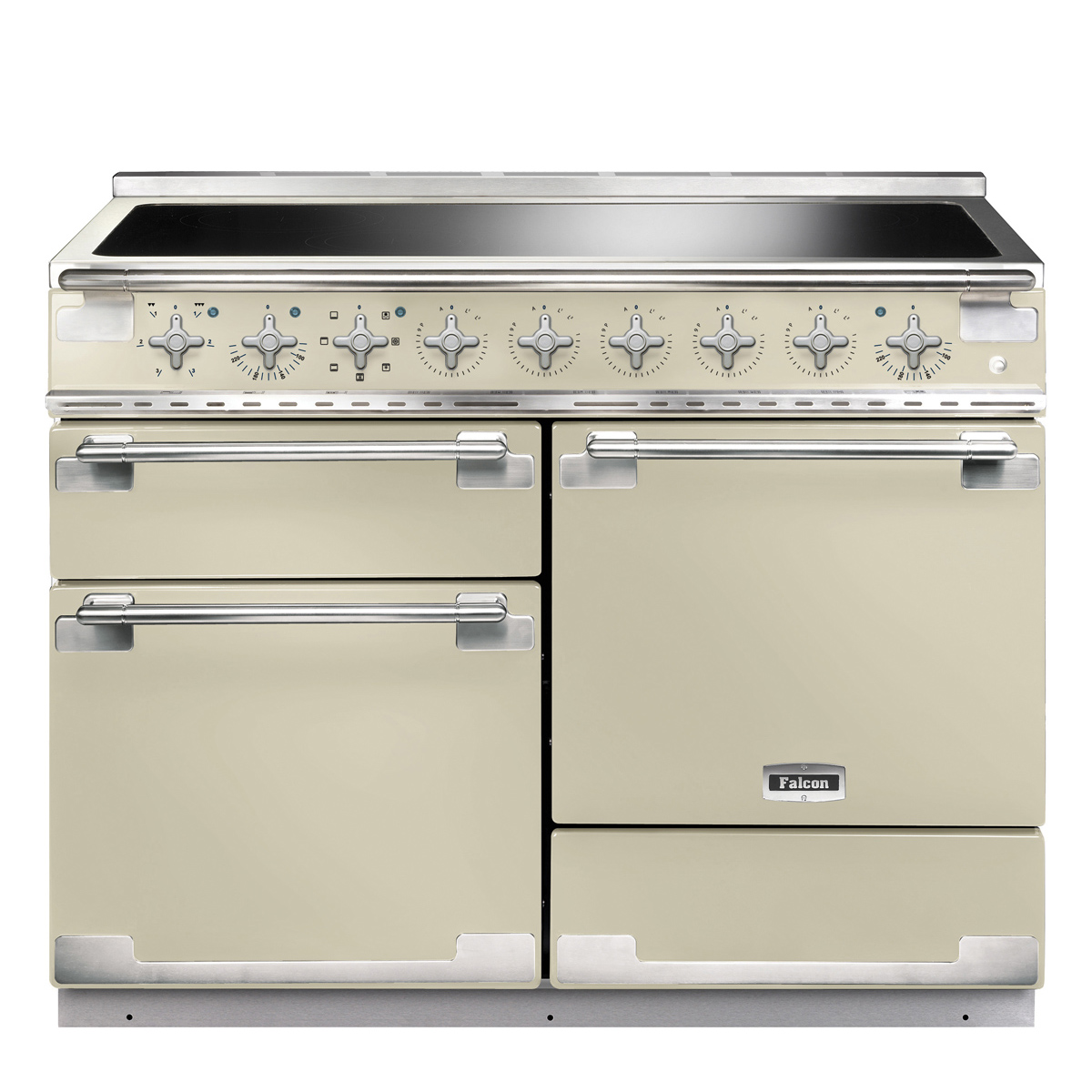 Großer cremefarbener Falcon Range Cooker mit Induktionskochfeld und vier Backofentüren, geeignet für große Küchen