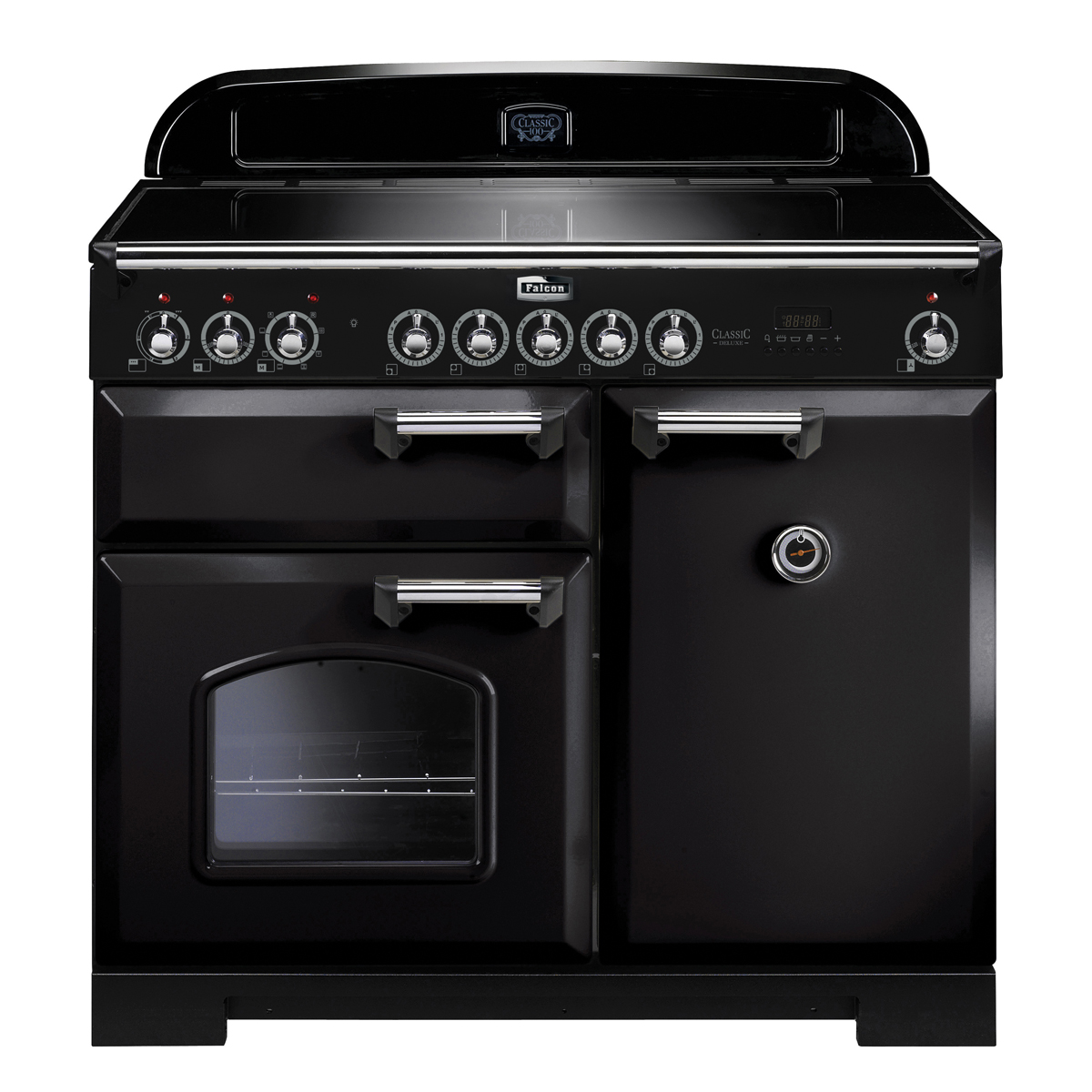 Schwarzer Falcon Classic Deluxe 90 Induktionsherd mit zwei Backofentüren, separatem Grillfach und Bedienknöpfen