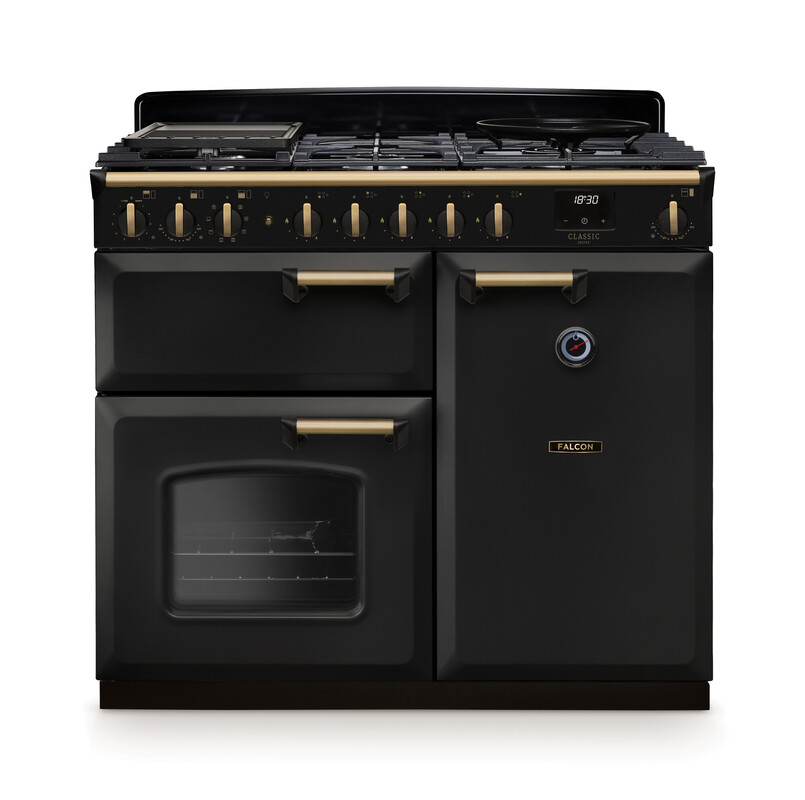 Schwarzer Falcon Classic Gas-Standherd mit Gaskochfeld