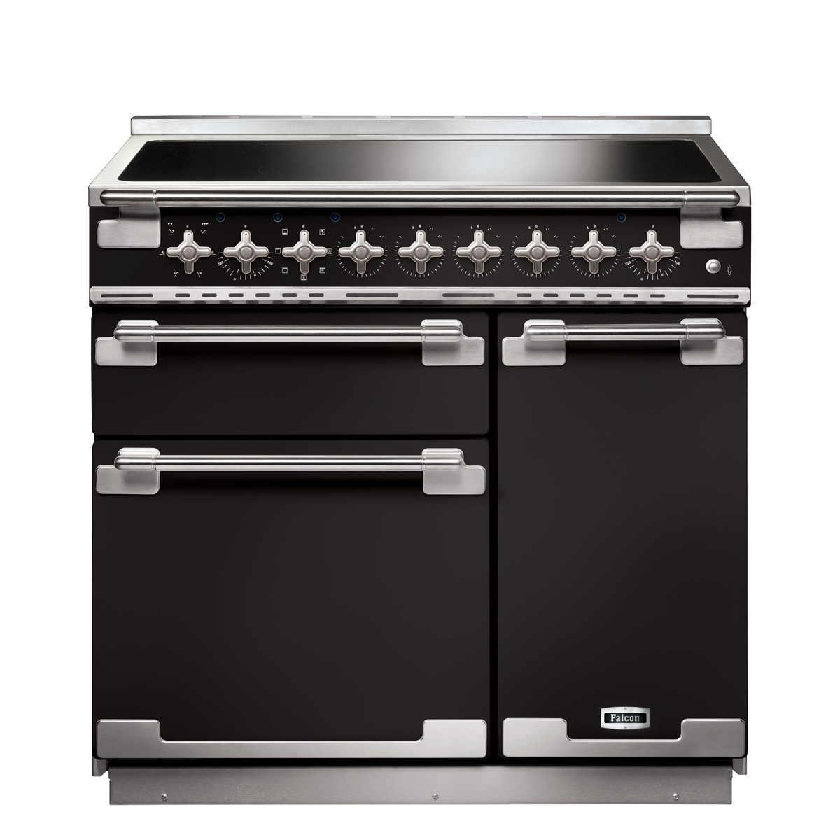 Schwarzer Falcon Classic Deluxe 110 Induktionsherd mit mehreren Backöfen und silbernen Bedienknöpfen für moderne Küchen