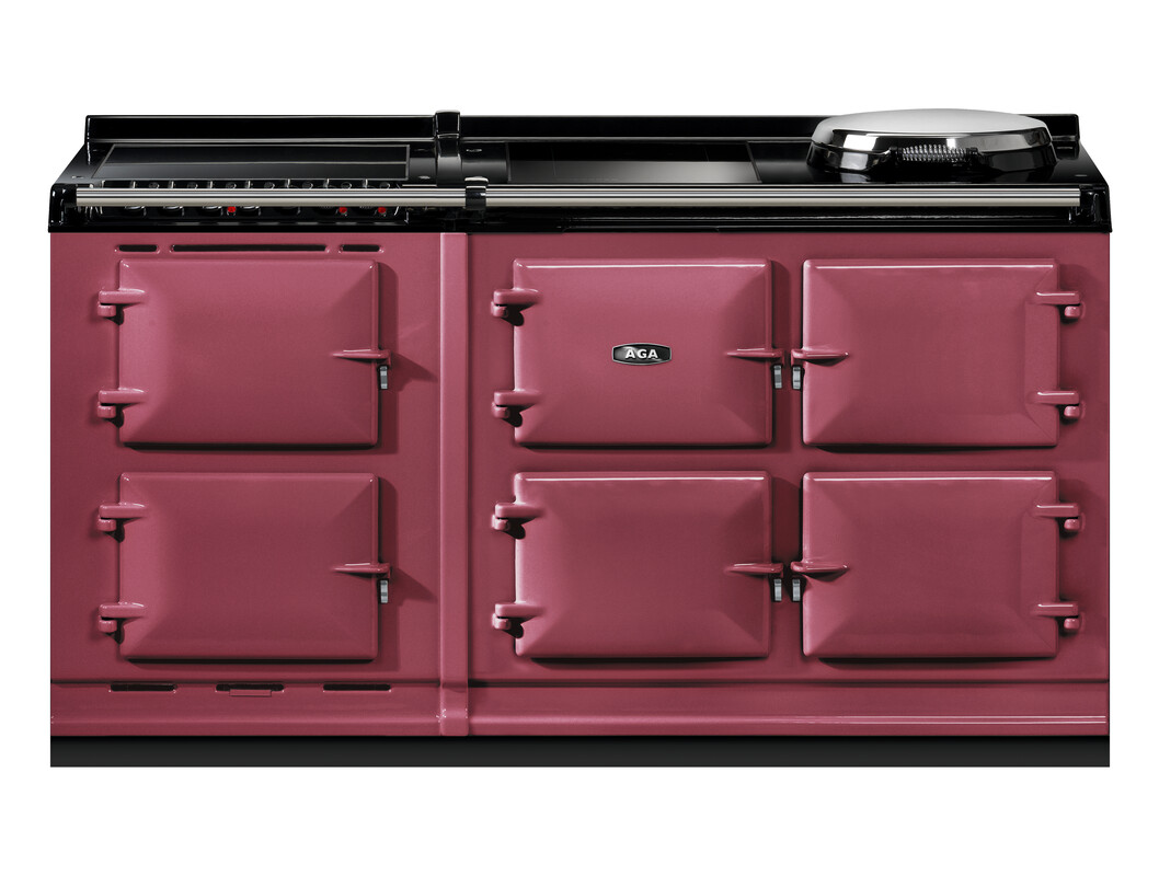 Klassischer AGA Herd in weinroter Farbe, mit sechs rechteckigen Backofen-Türen und einer runden Kochplatte auf der Oberseite