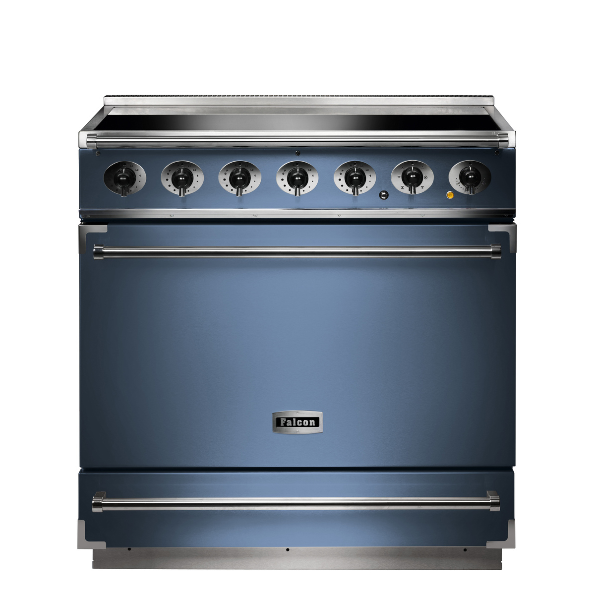 Elektrischer Standherd von Falcon in blauer Farbe mit sechs Drehknöpfen und großem Backofen, freistehend