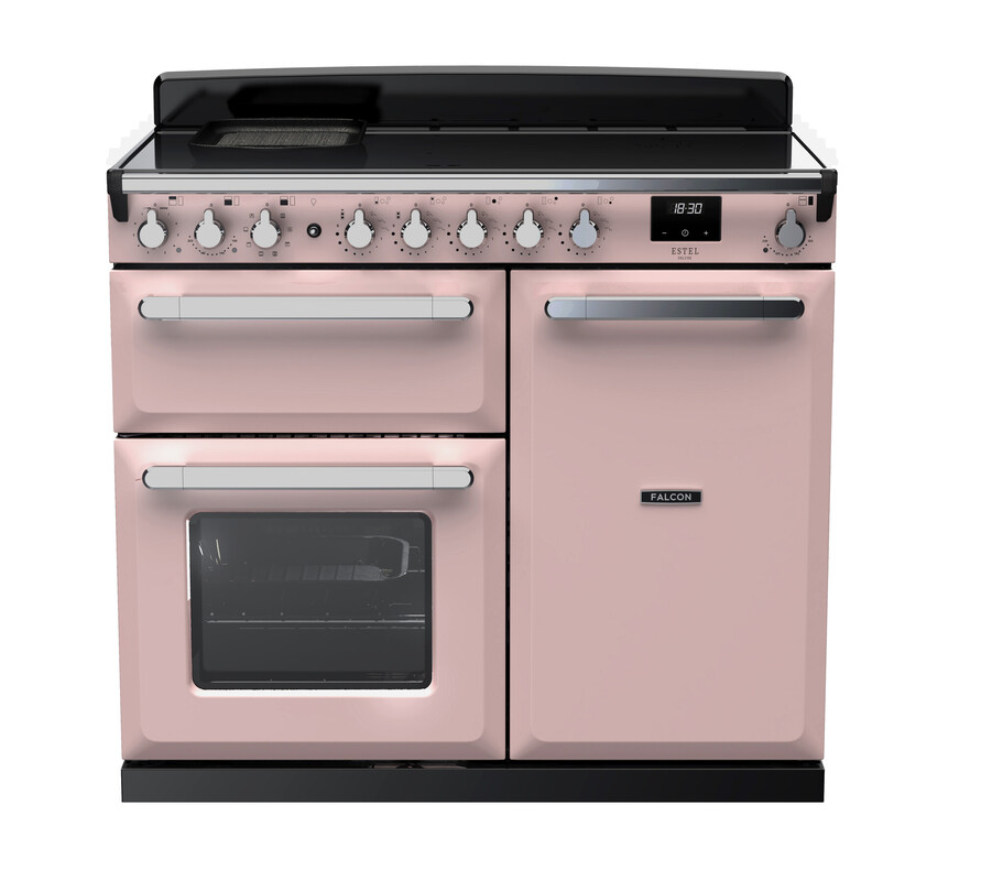 Rosa Standherd von Falcon mit Kochfeld, zwei Backöfen und Bedienknöpfen, modernes Design