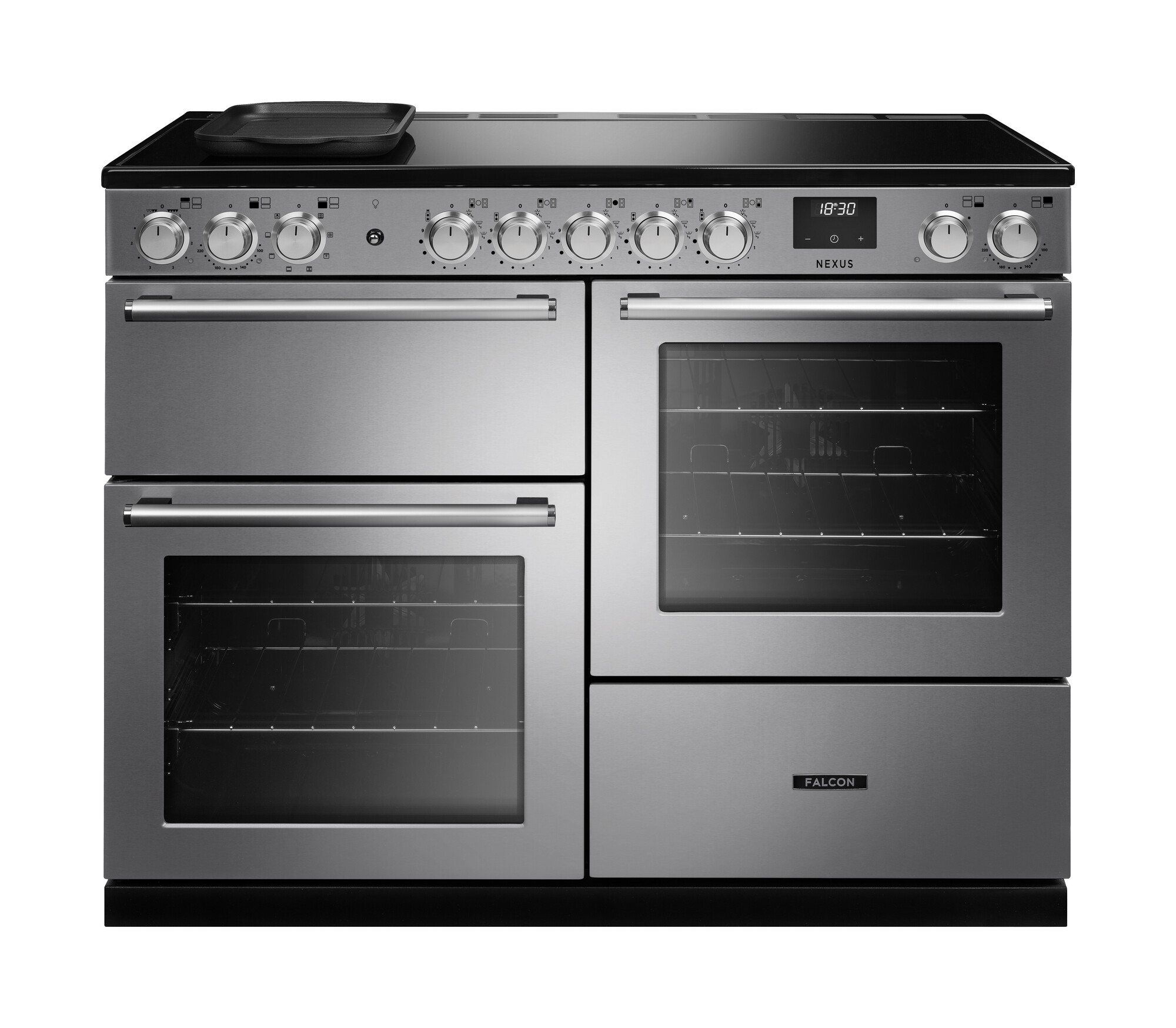 Falcon Nexus 110 Induktions-Standherd in Edelstahl, breiter Range Cooker mit zwei Backöfen, separatem Grill, Wärmeschublade und Induktionskochfeld; Premium-Küchenherd für vielseitiges Kochen und Backen