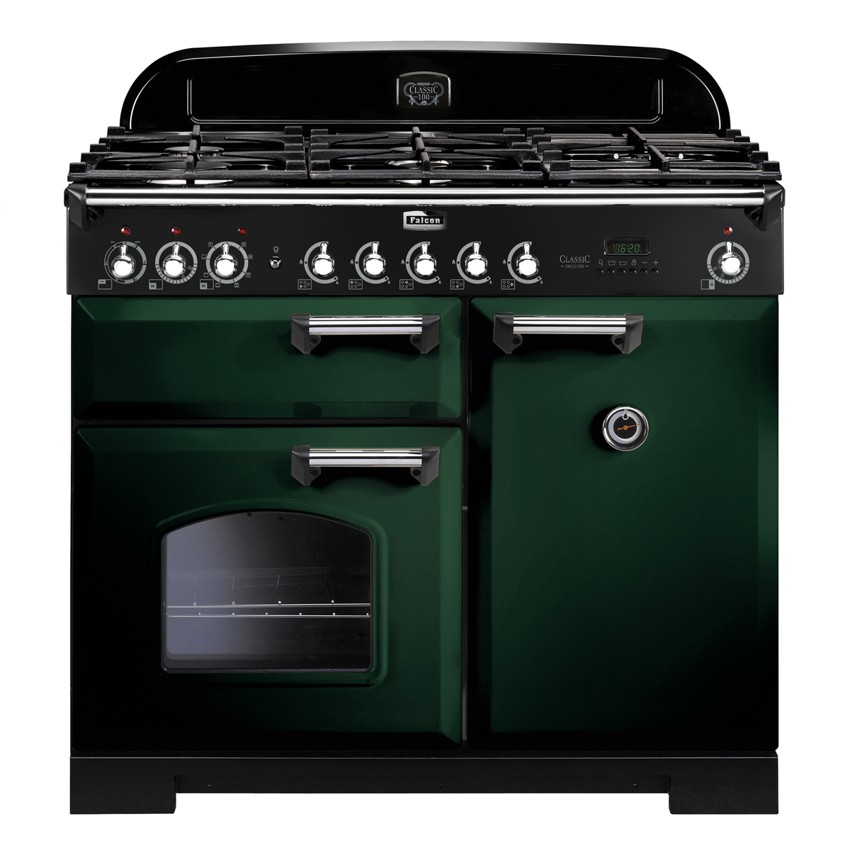Dunkelgrüner Falcon Classic 90 Gasherd mit mehreren Kochfeldern und vier Backofentüren, klassische Optik für die moderne Küche
