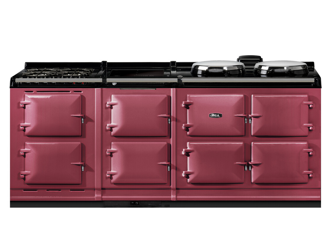 Küchenherd von AGA in bordeaux-roter Farbe mit mehreren Backofenfächern und zwei Kochplatten, ideal für große Küchen