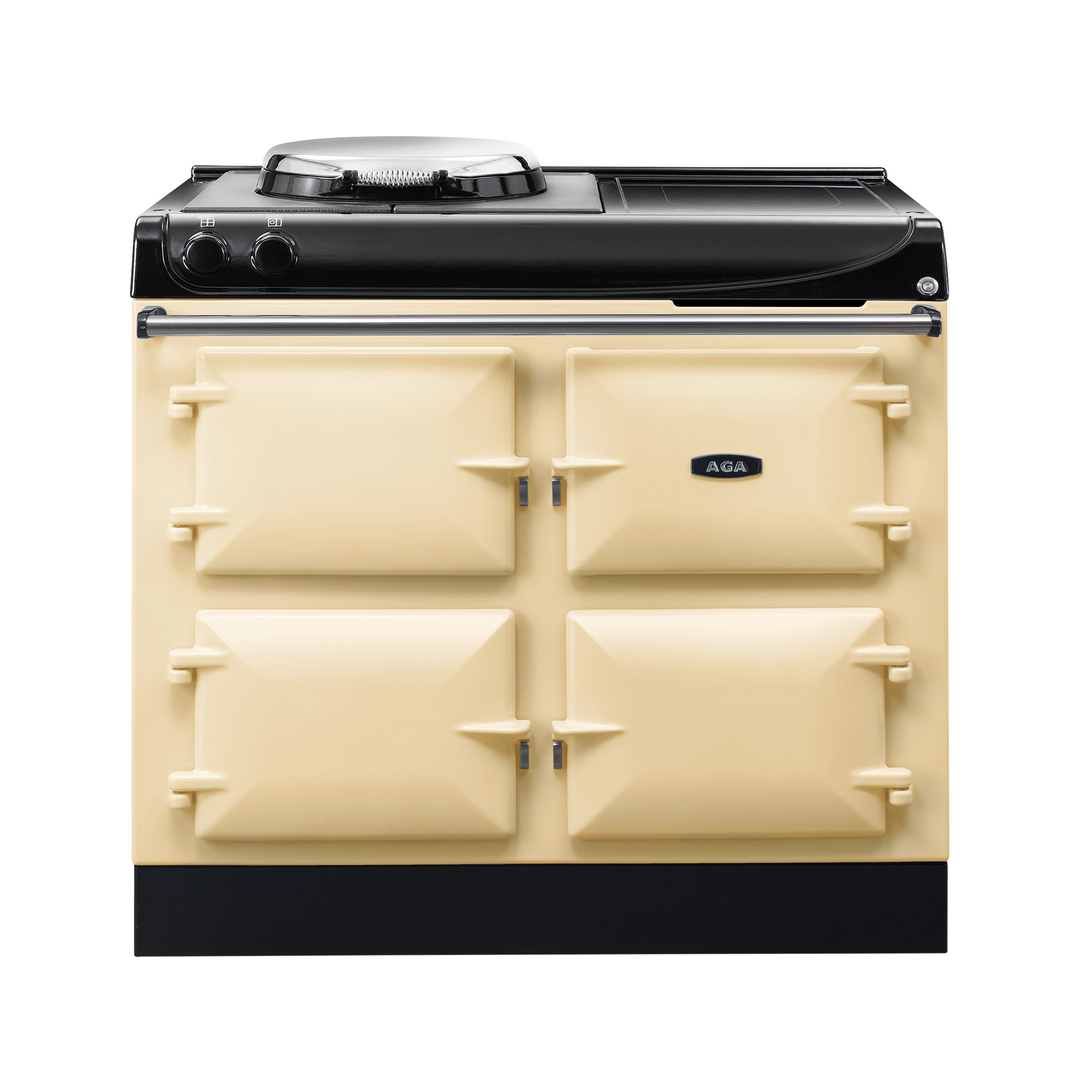 AGA Herd in Creme mit vier Backofenklappen und schwarzen Bedienknöpfen, Retro-Küchengerät für zeitloses Design