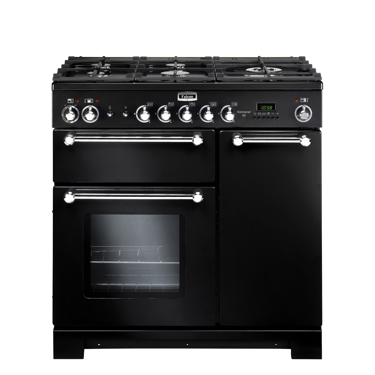 Schwarzer Falcon Kitchener 90 Gasherd mit drei Backöfen, fünf Kochfeldern und silbernen Griffen, freistehend