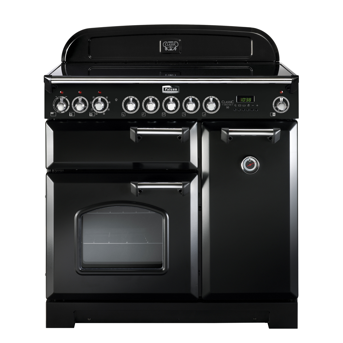 Schwarzer Falcon Classic 90 Standherd mit zwei Backöfen, separatem Grillfach und Bedienknöpfen