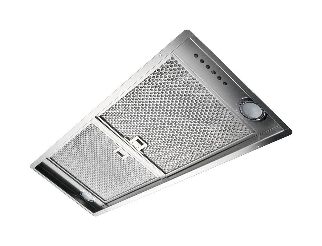 Moderne Einbau-Dunstabzugshaube aus Edelstahl mit LED-Beleuchtung und abnehmbarem Fettfilter