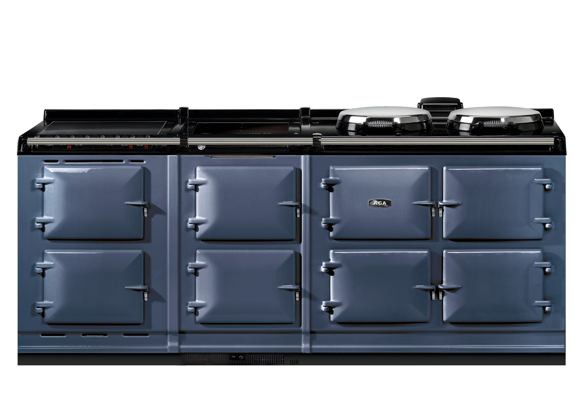 Blauer AGA Herd mit mehreren Backofenklappen und Kochplatten, freistehend, ideal für große Küchen