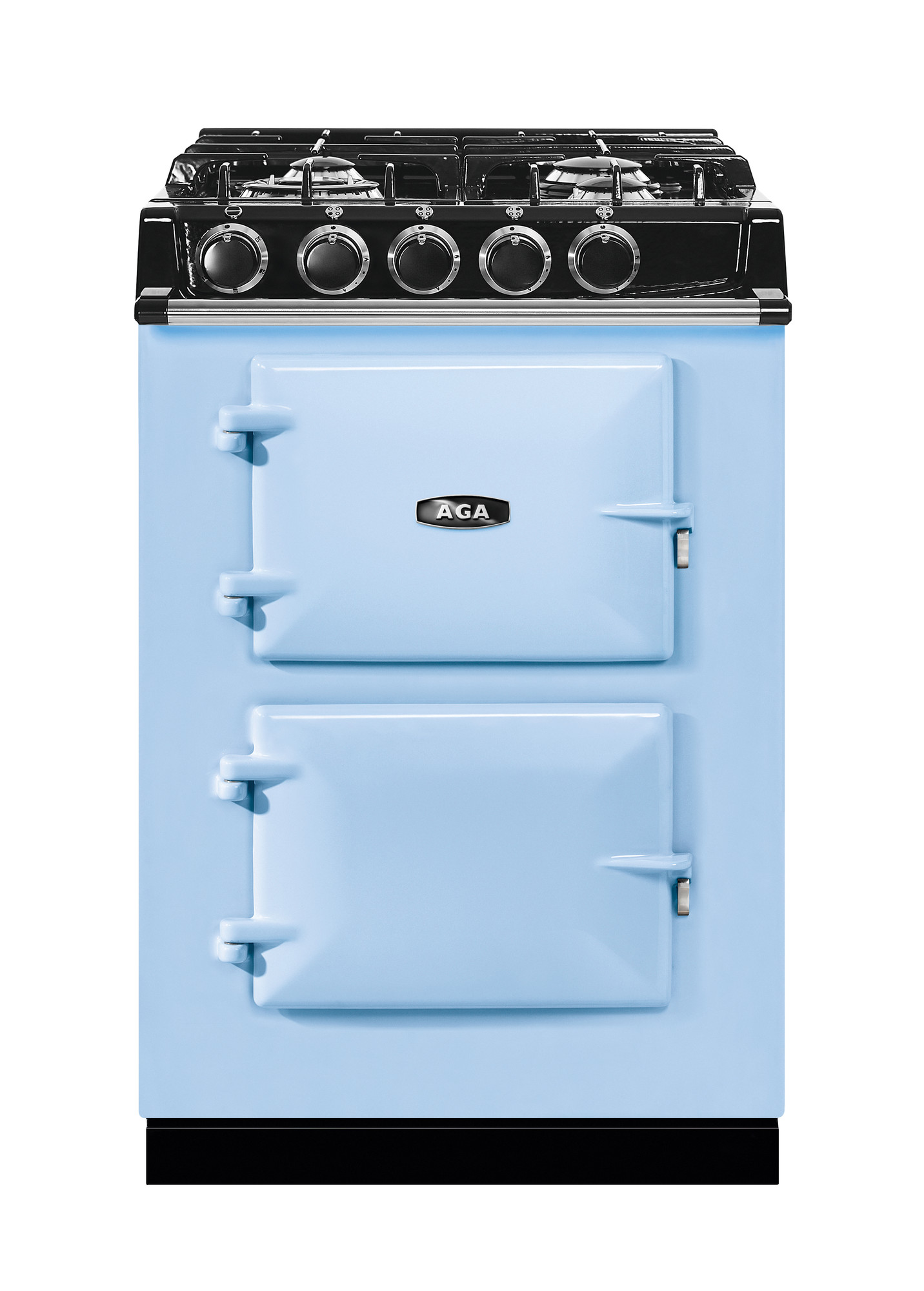 Hellblauer AGA Standherd mit zwei Backofentüren und Gas-Kochfeld, klassisches Retro-Design für moderne Küchen