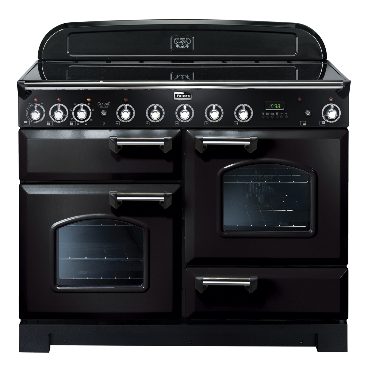 Schwarzer Falcon Classic Deluxe 110 Induktionsherd mit vier Backofentüren, Bedienfeld mit Drehknöpfen und Digitalanzeige