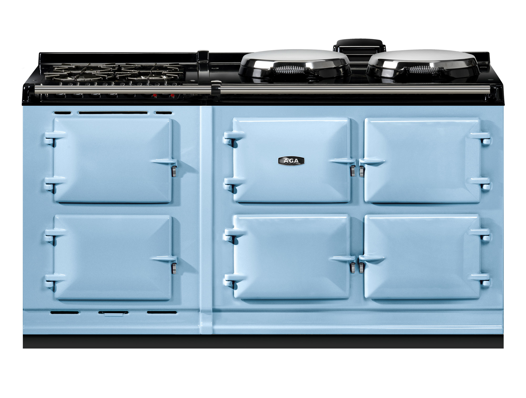 Hellblauer AGA Herd mit vier Backofentüren, zwei Kochplatten und integriertem Gasfeld – klassisches Küchengerät im Retrodesign
