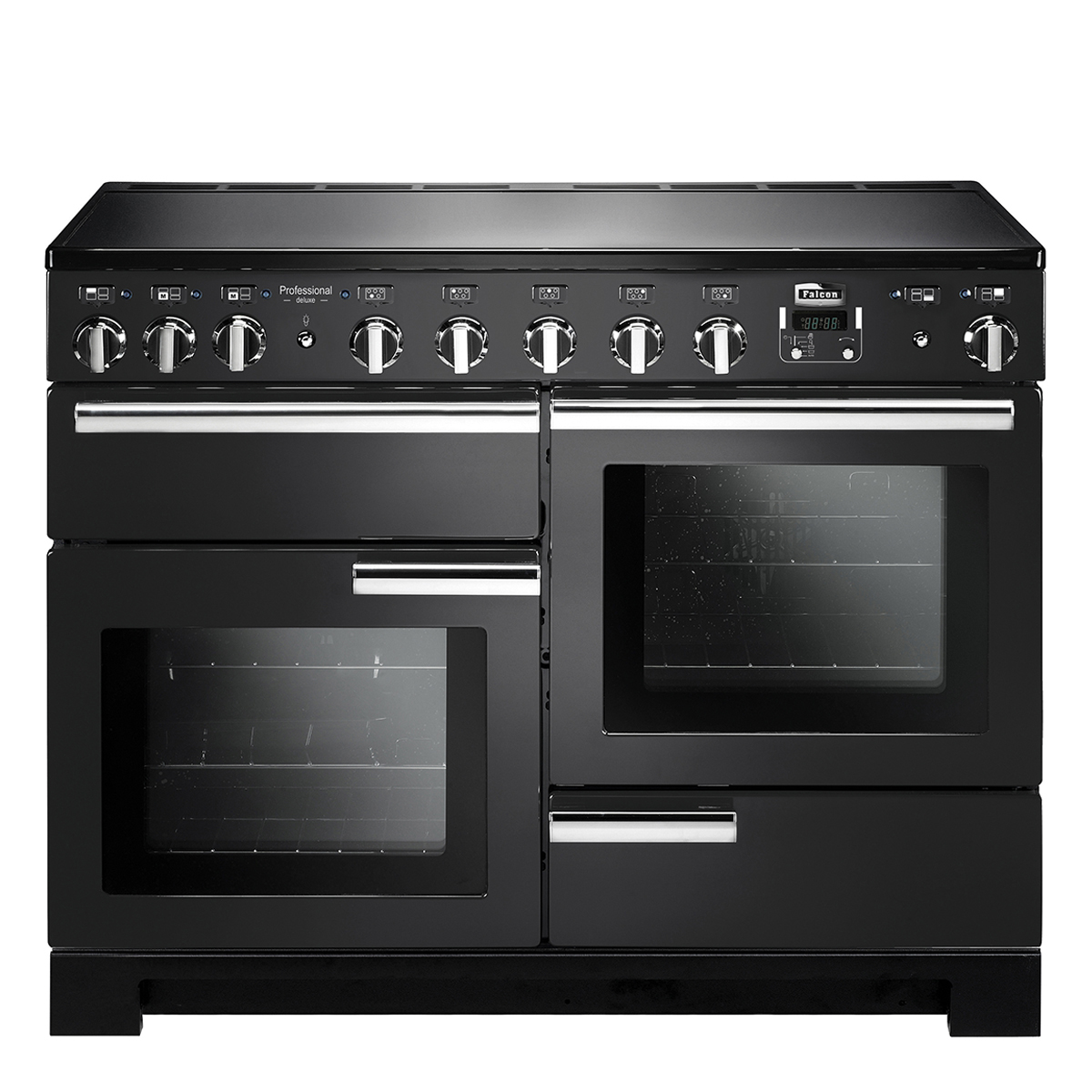 Abbildung eines schwarzen Standherds mit mehreren Backöfen, glänzenden Griffen und vielen Drehknöpfen für verschiedene Kochfunktionen