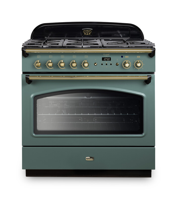Grüner Falcon Classic Range Cooker mit sechs Gasfeldern, goldfarbenen Drehknöpfen und großem Sichtfenster im Backofen